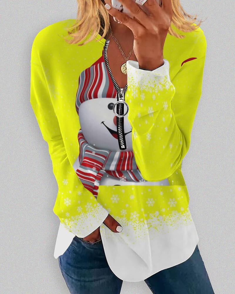 

Christmas Zipper Design Snowman Print Top, Yellow