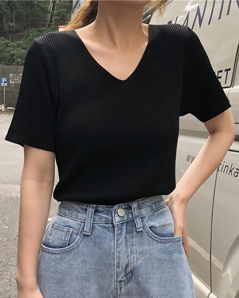 

Solid Short Sleeve V-neck Ribbed T-shirt, Black