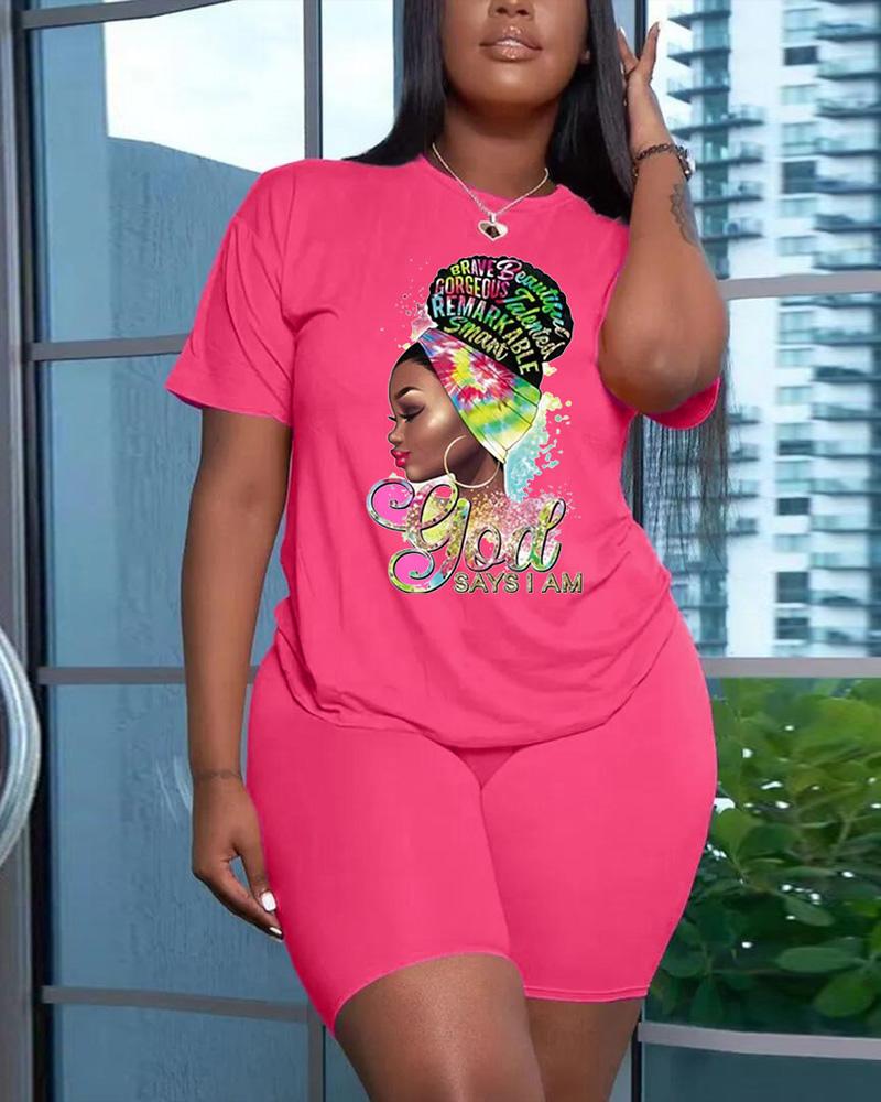 

Figure Letter Print Casual Top & Shorts Set, Pink