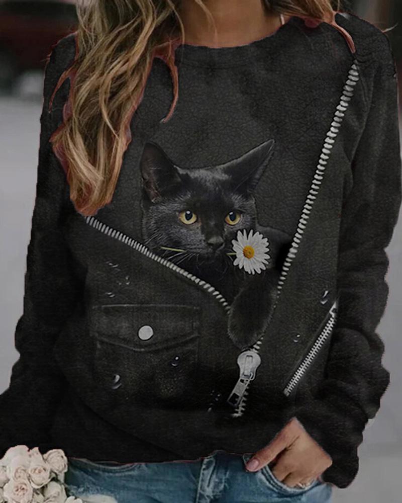 

Women's T-shirt Floral Cat 3D Print Round Neck Long Sleeve Basic Tops, Black