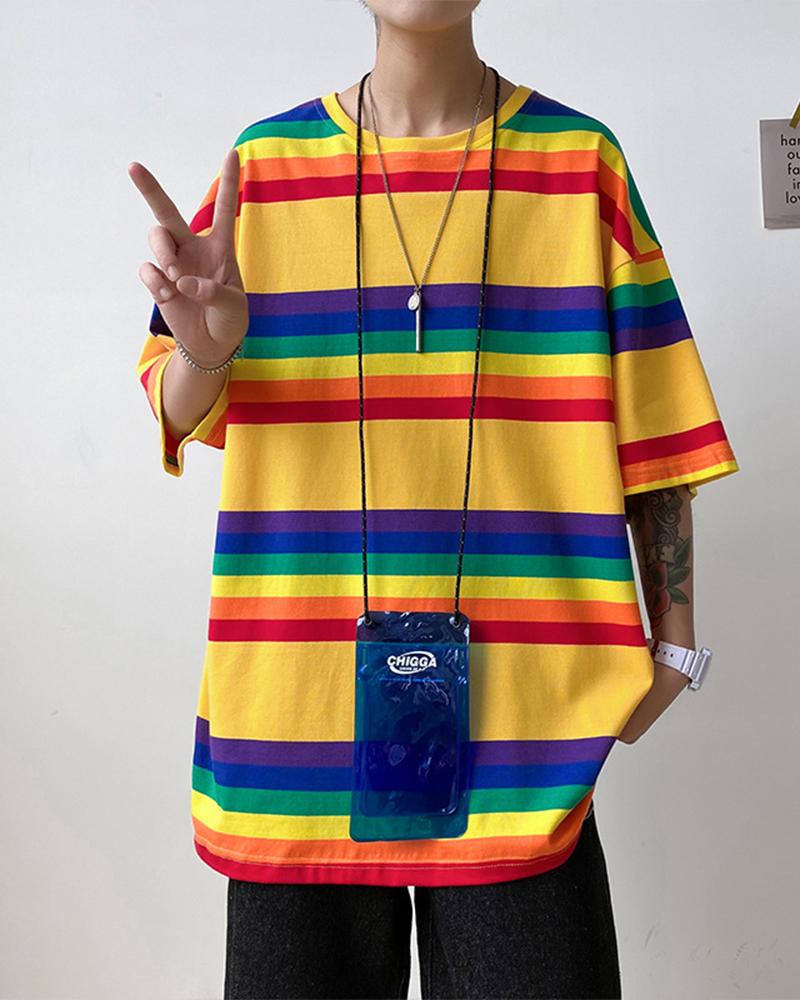 

Colorblock Rainbow Short Sleeve Loose T-shirts, Yellow