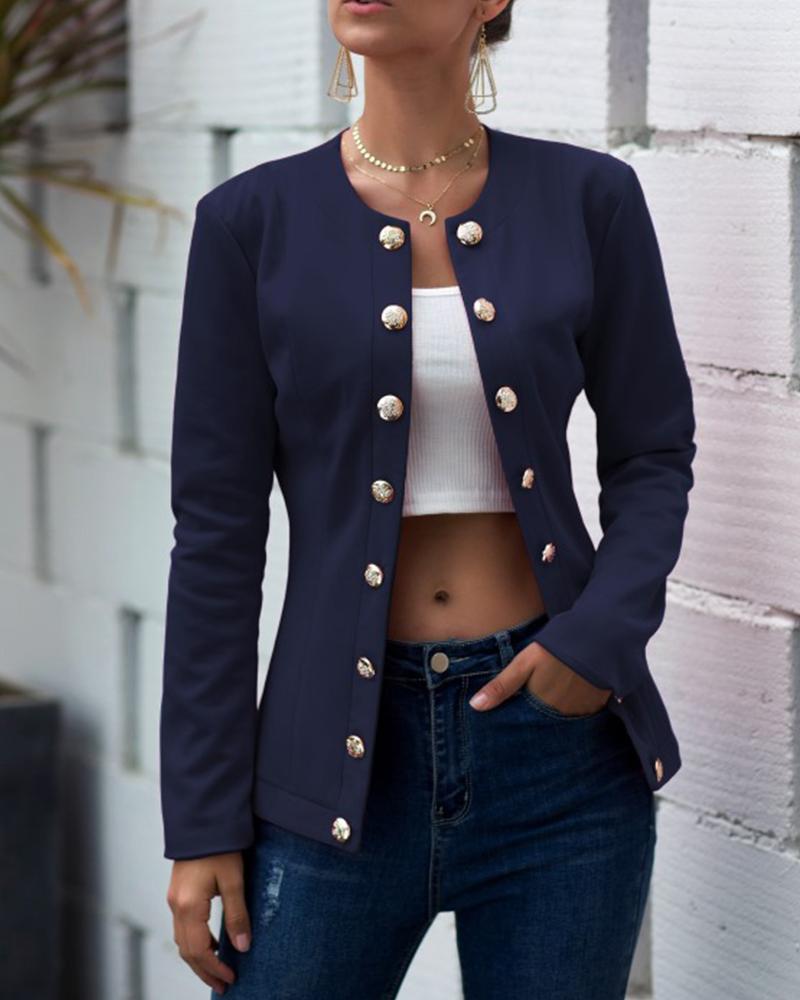 

Solid Button-down Long Sleeve Fitting Jackets, Purplish blue