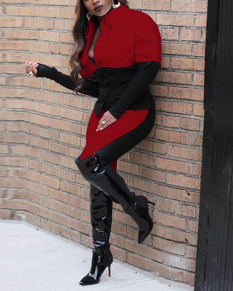 

Colorblock Long Sleeve Buttoned Top & Pants Set, Red