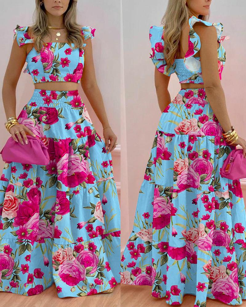 

Floral Print Shirred Crop Top & Maxi Skirt Set, Blue