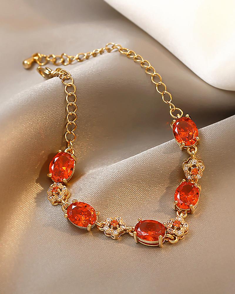 

Gem Stone Rhinestone Floral Pattern Bracelet, Orange