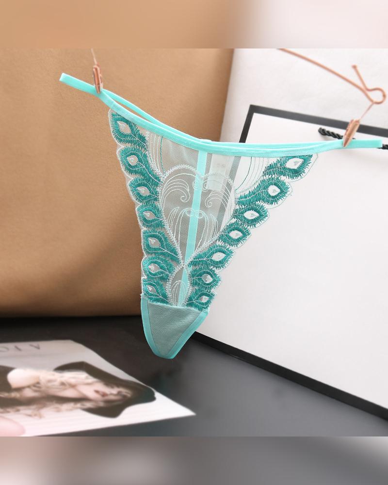 

Sexy See-through Splicing Feather Embroidery Skinny Thong Panties, Green