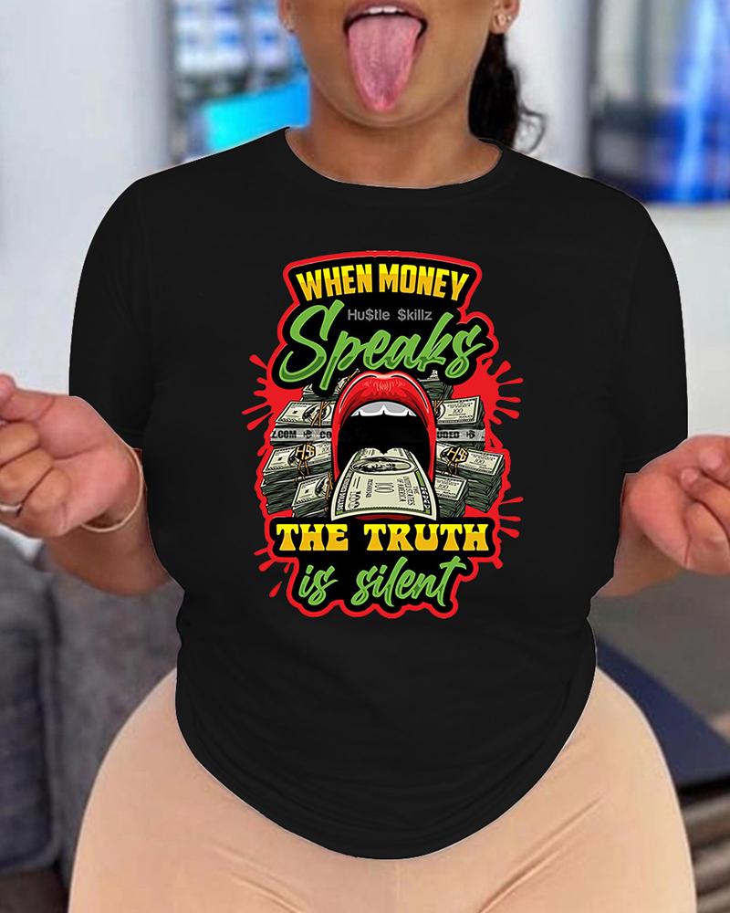 

Plus Size Graphic Tee Lip Dollar Print Crew Neck T-shirt, Black