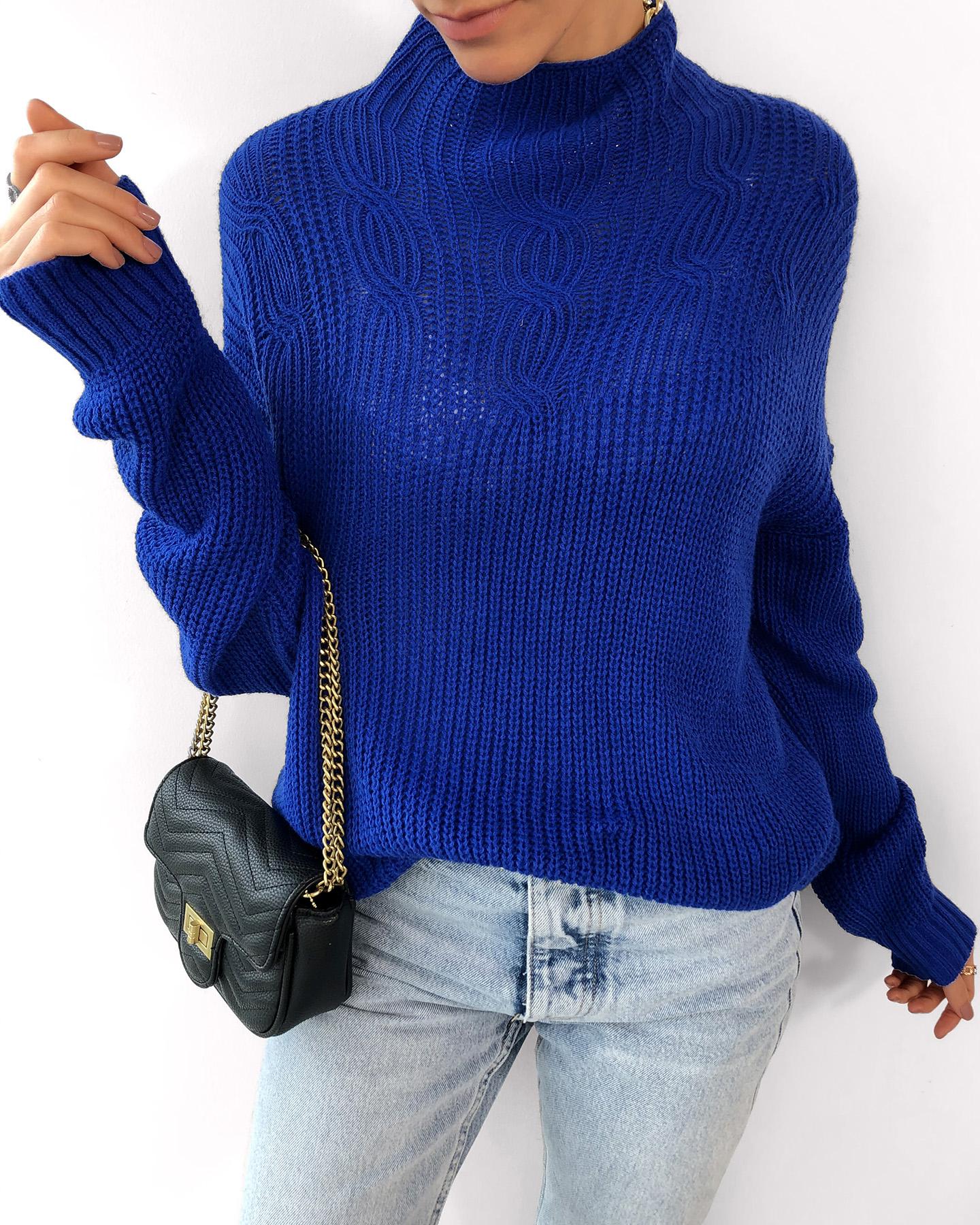 

Plain Mock Neck Knit Casual Sweater, Blue