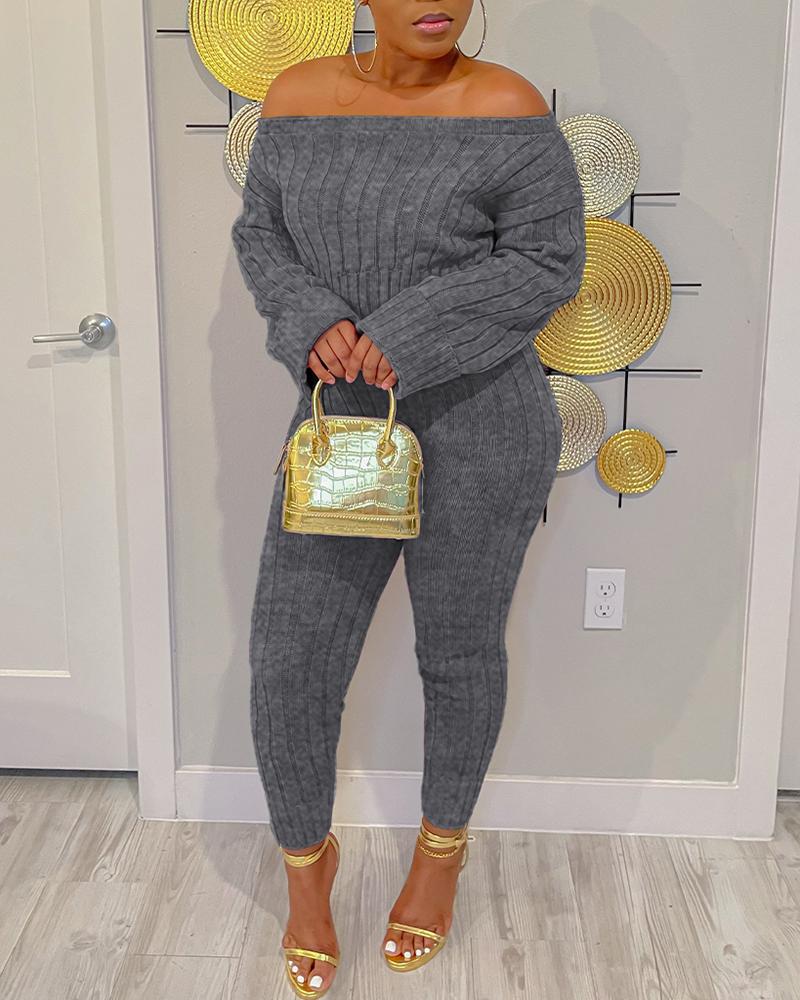 

Scoop Neck Knit Top & High Waist Pants Set, Gray
