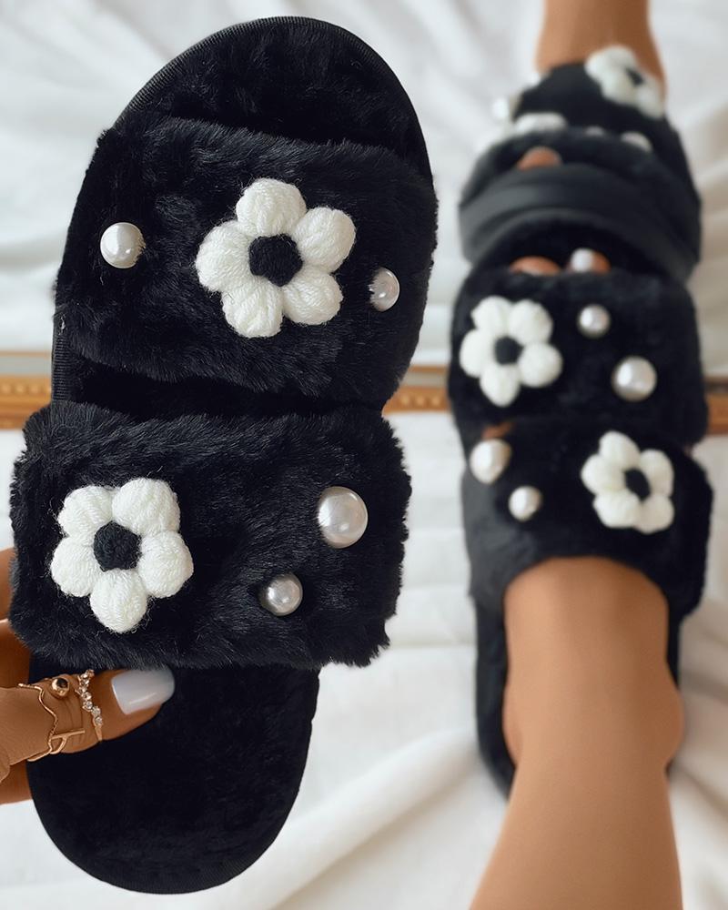 

Fuzzy Floral Pattern Pearls Decor Slippers, Black