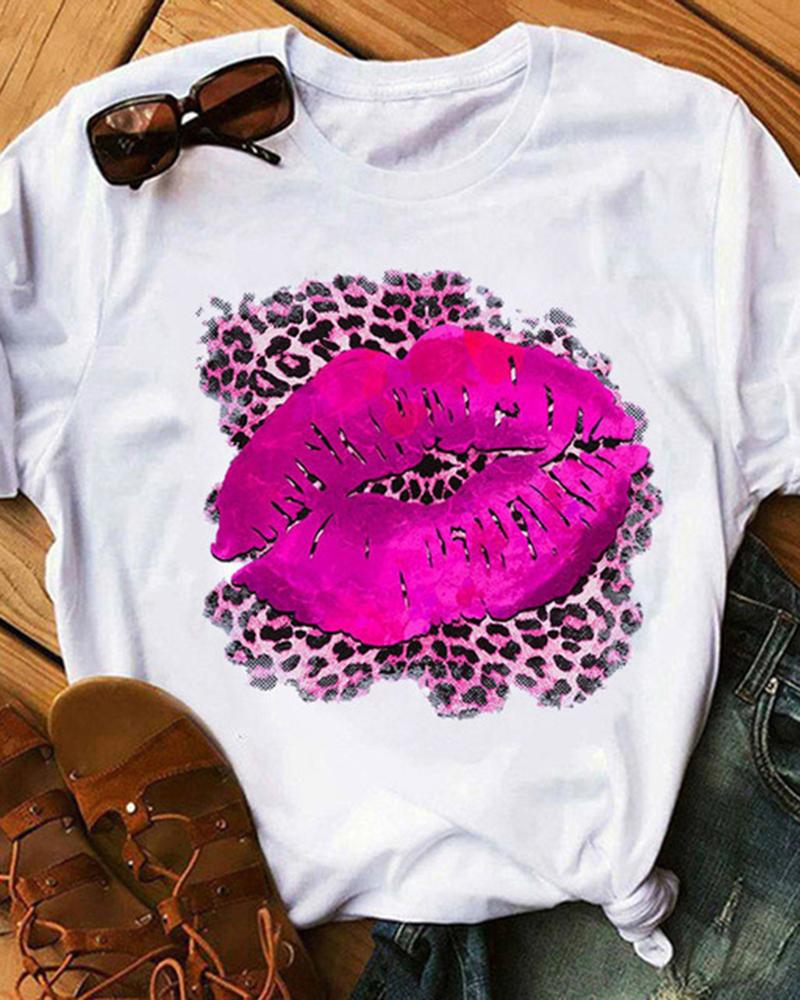 

Lip Leopard Print Casual T-shirt, White