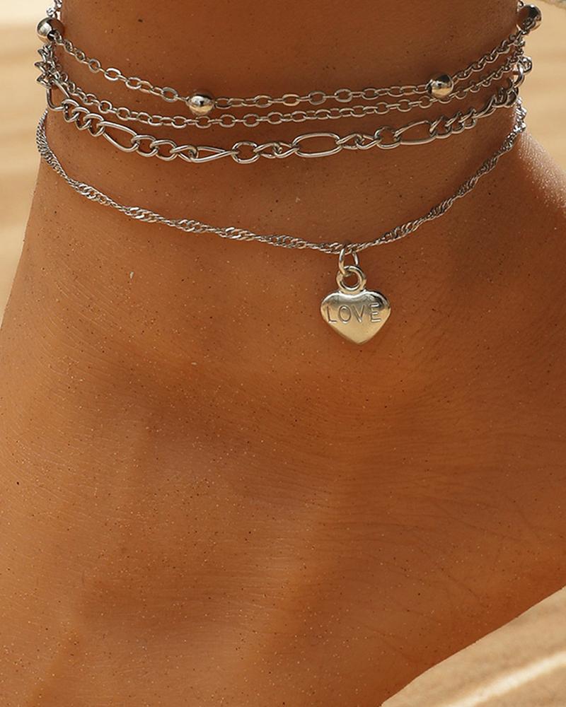 

4pcs Beaded Heart Pendant Chain Anklets Set, Silver