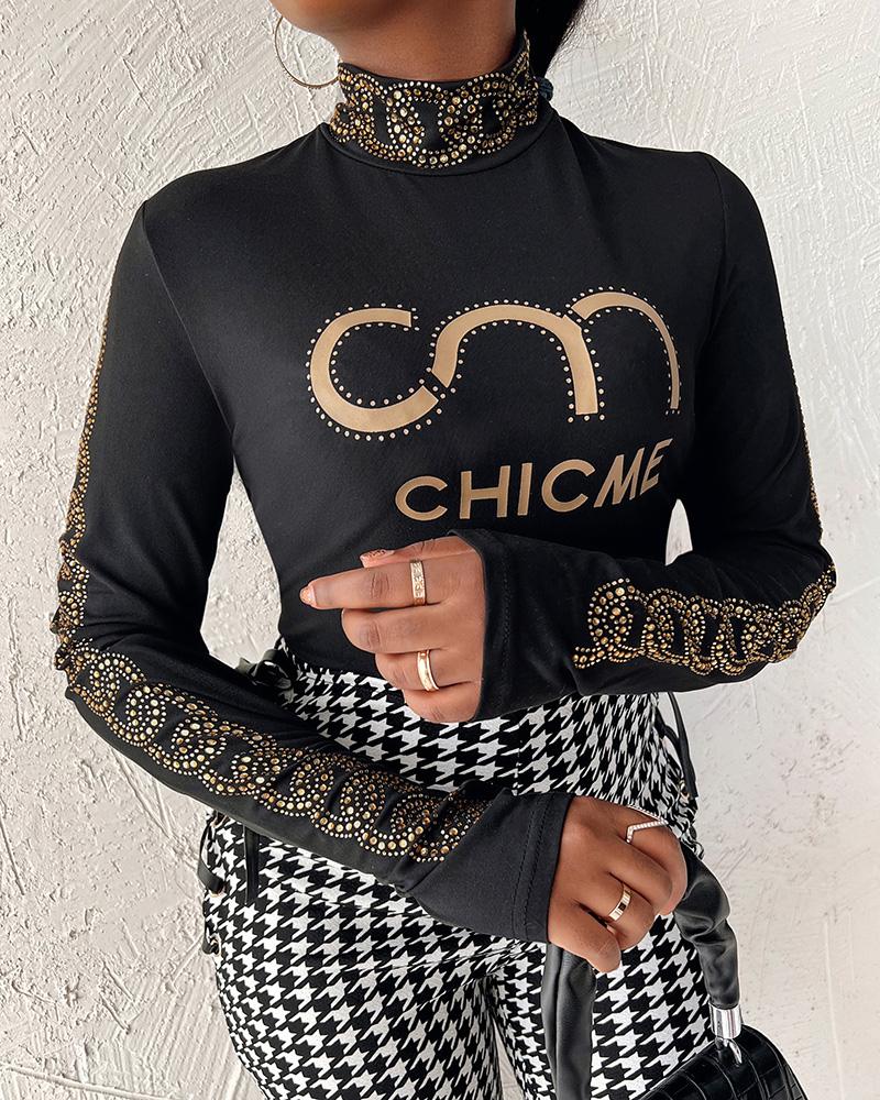 

ChicMe Letter Embroidery Rhinestone Decor High Neck Top, Black