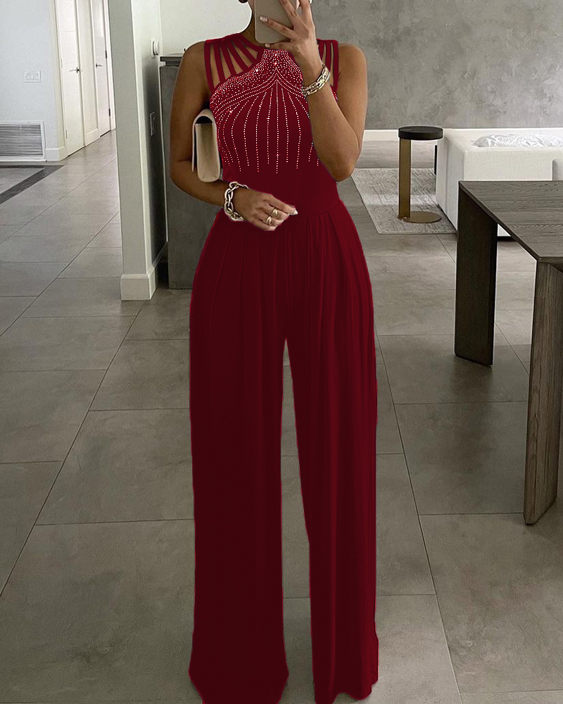 

Studded Cutout Ruched Wide Leg Jumpsuit, Red