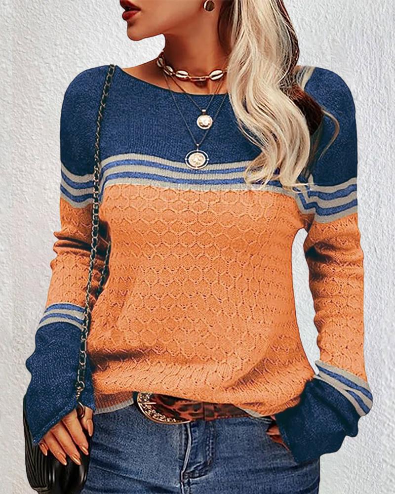 

Colorblock Striped Long Sleeve Knit Sweater, Orange