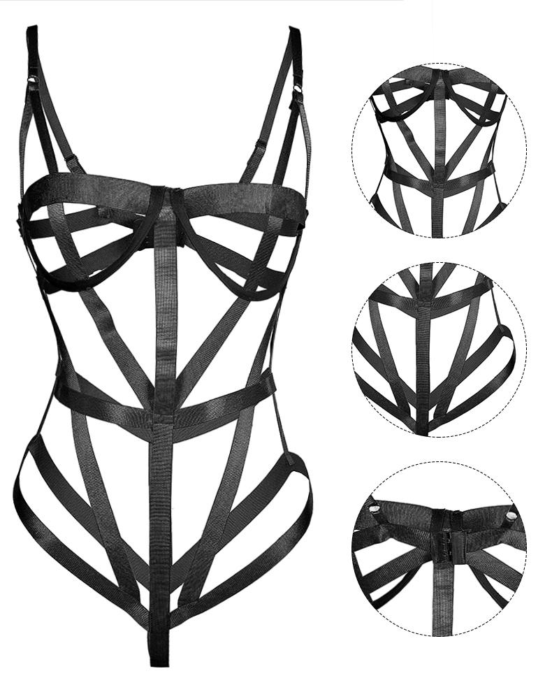 

Cutout O-Ring Linked Spaghetti Strap Teddy, Black
