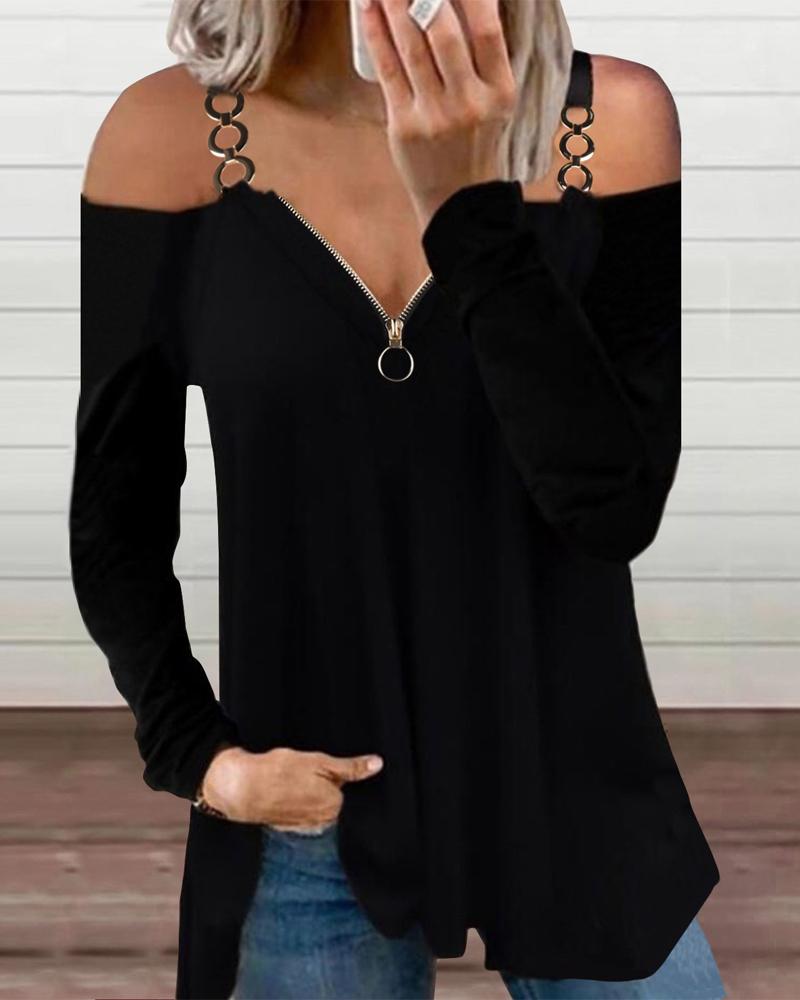 

Zipper Front Cold Shoulder Top, Black