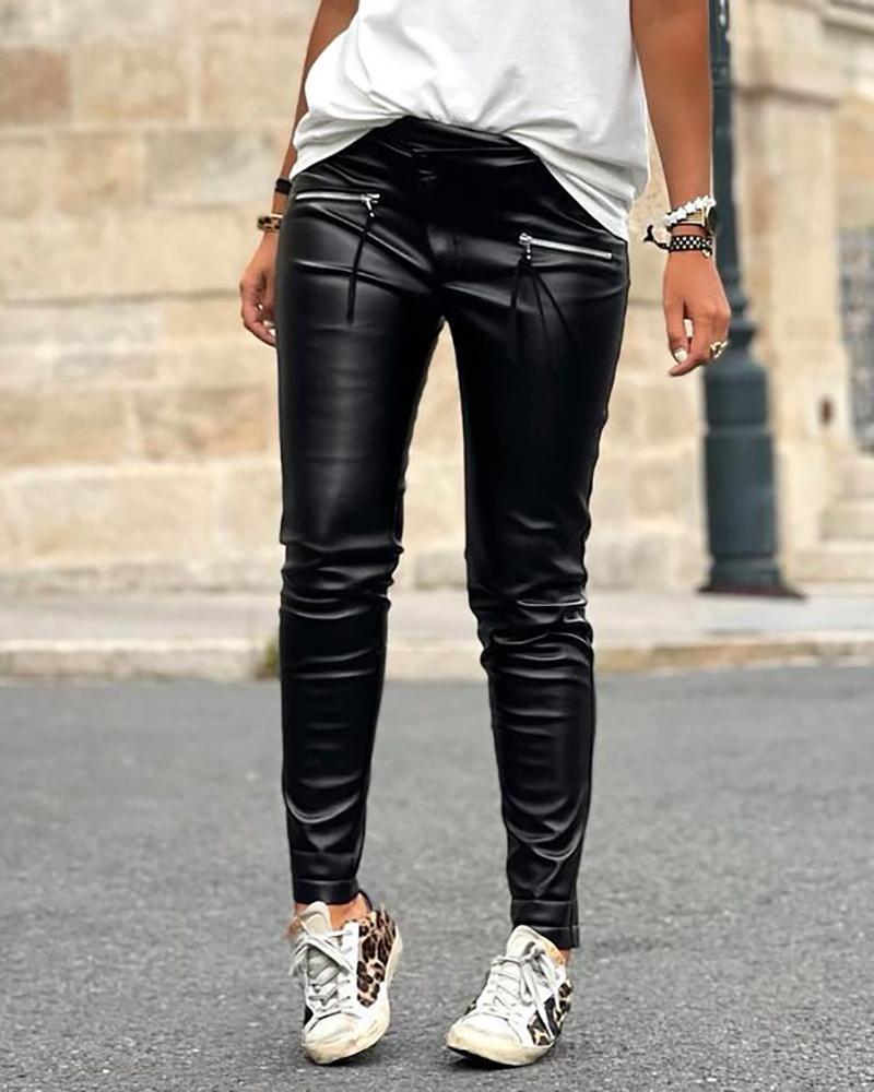 

PU Leather Zipper Design High Waist Skinny Pants, Black