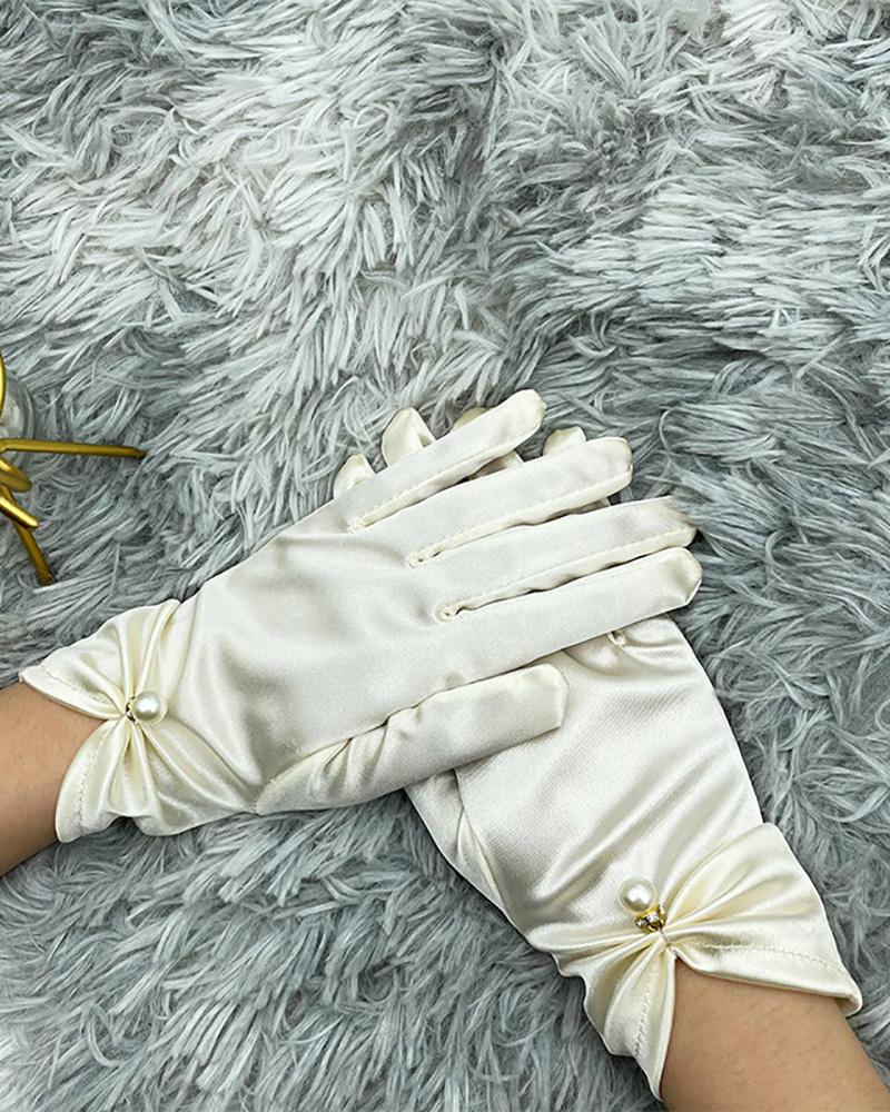 

Satin Beaded Decor Ruched Gloves, Beige
