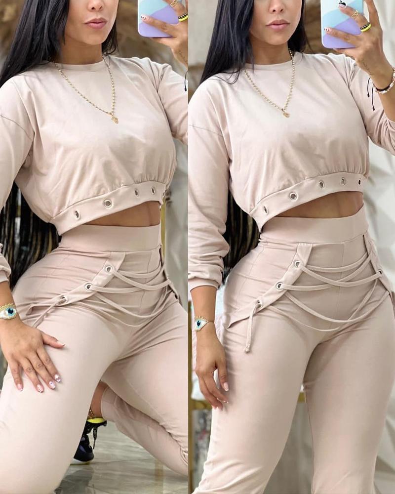 

Eyelet Crop Top & Lace Up Pants Set, Apricot