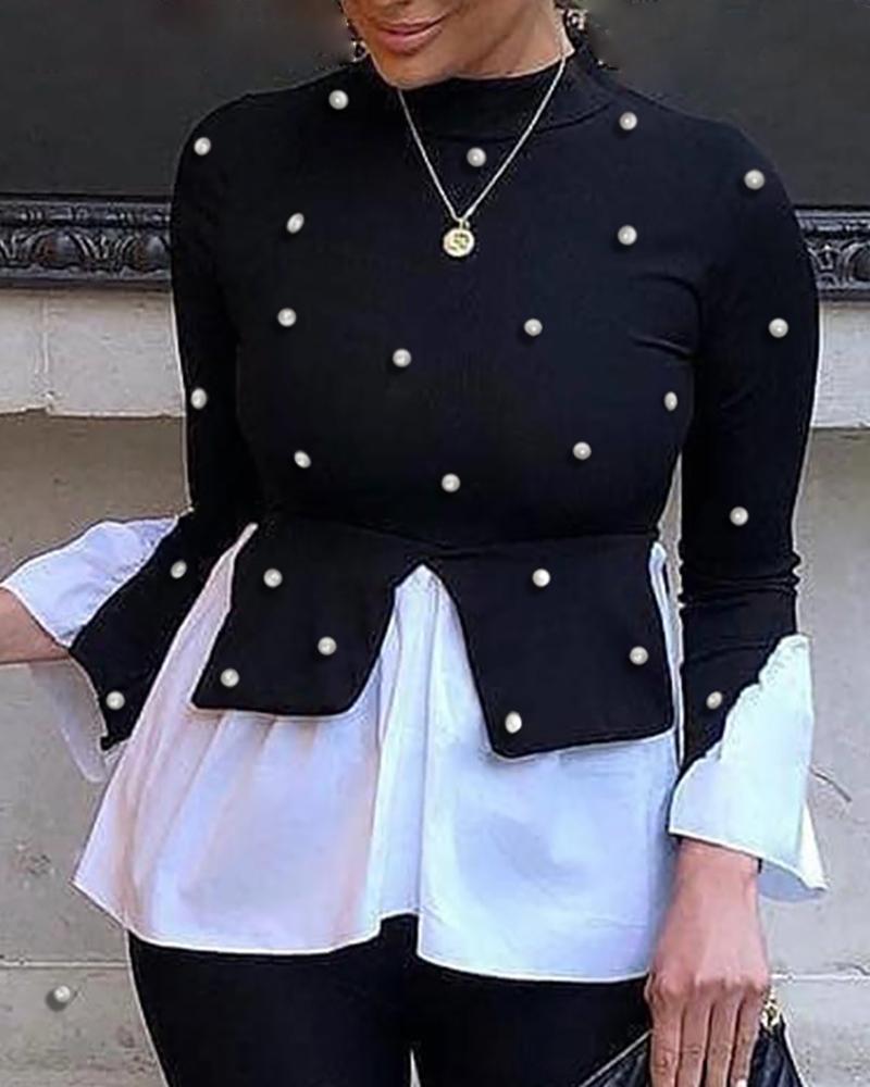 

Beaded Colorblock Insert Ruffles Long Sleeve Blouse, Black