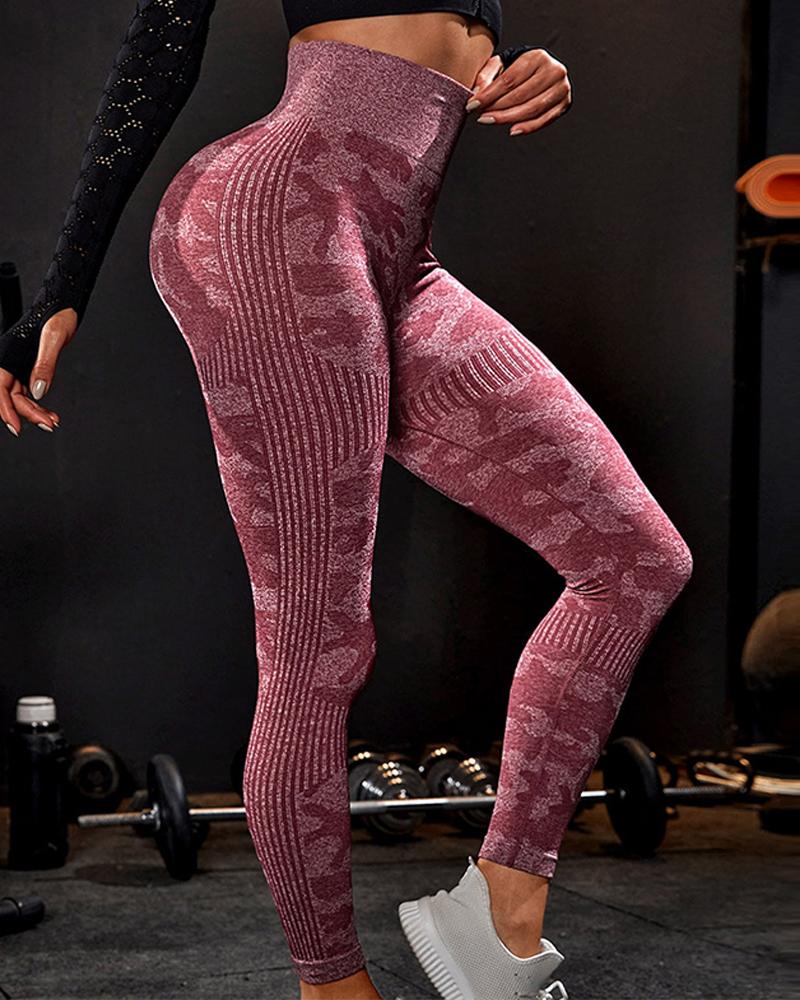 

Camouflage Print High Waist Active Pants, Wine red