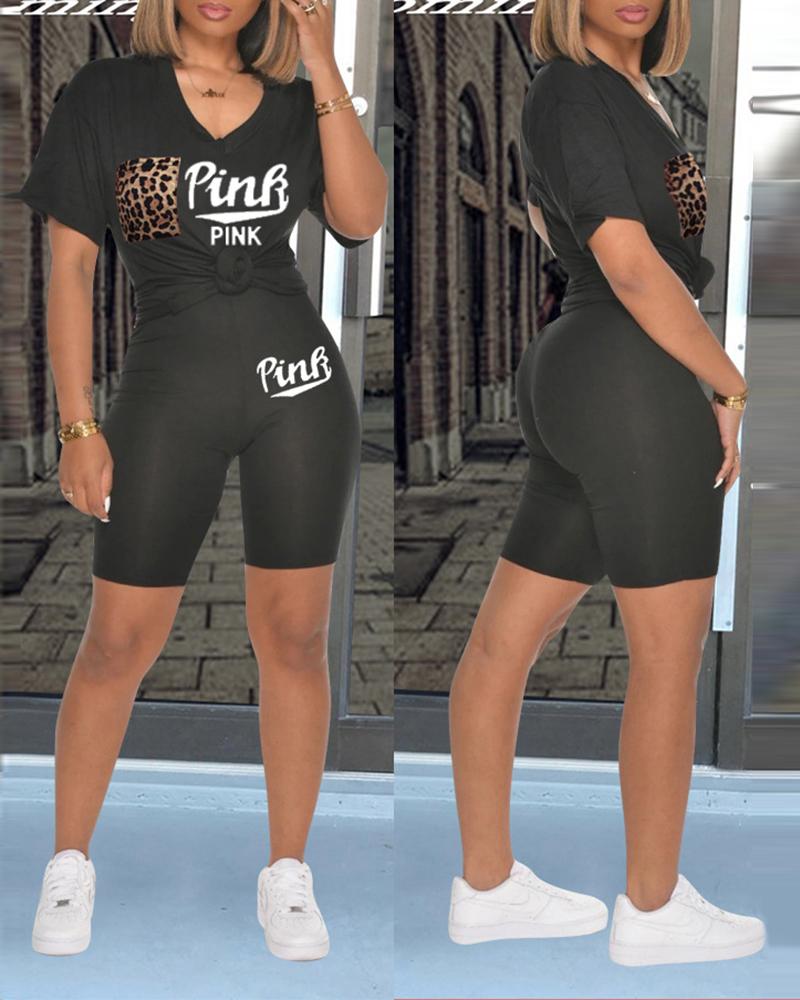 

Letter Leopard Print Pocket Design Top & Shorts Set, Black