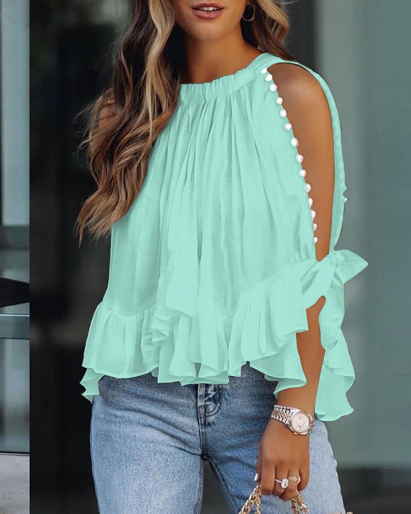 

Ruffle Hem Beaded Decor Split Sleeve Top, Sky blue