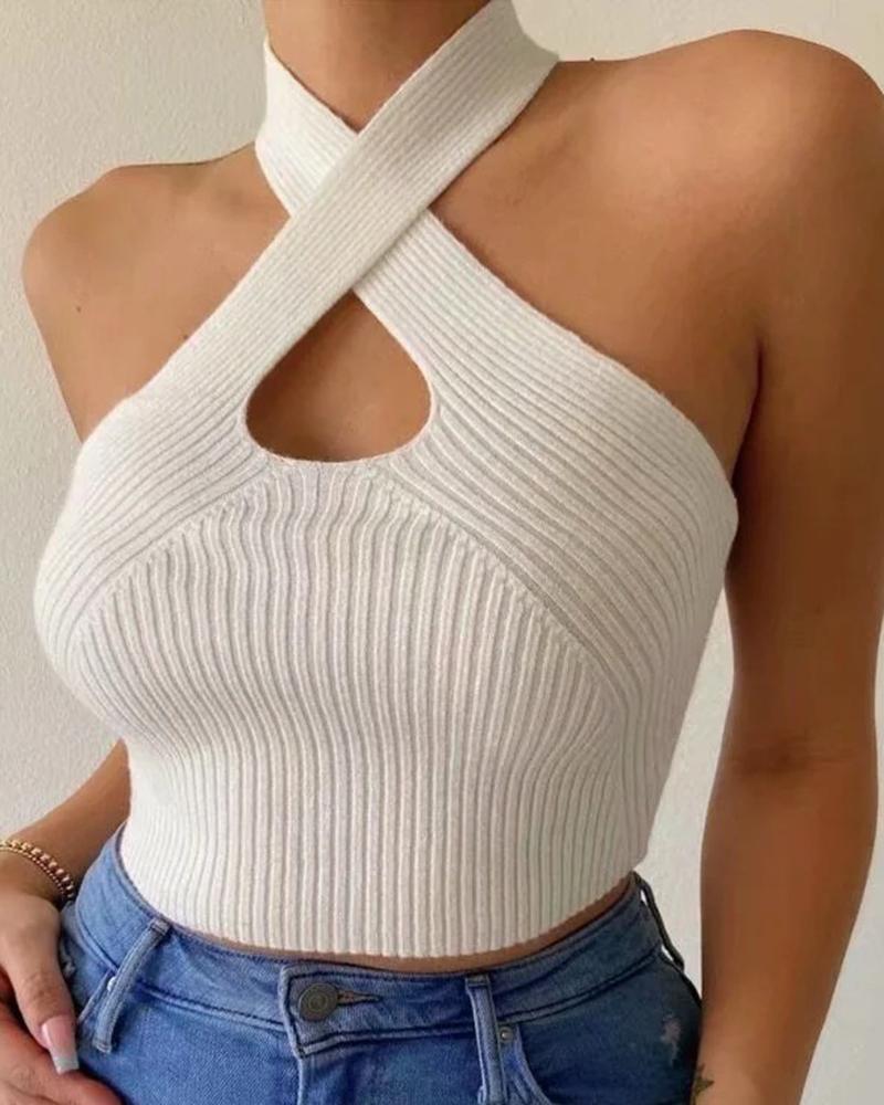 

Cross Halter Cutout Crop Knit Top, White