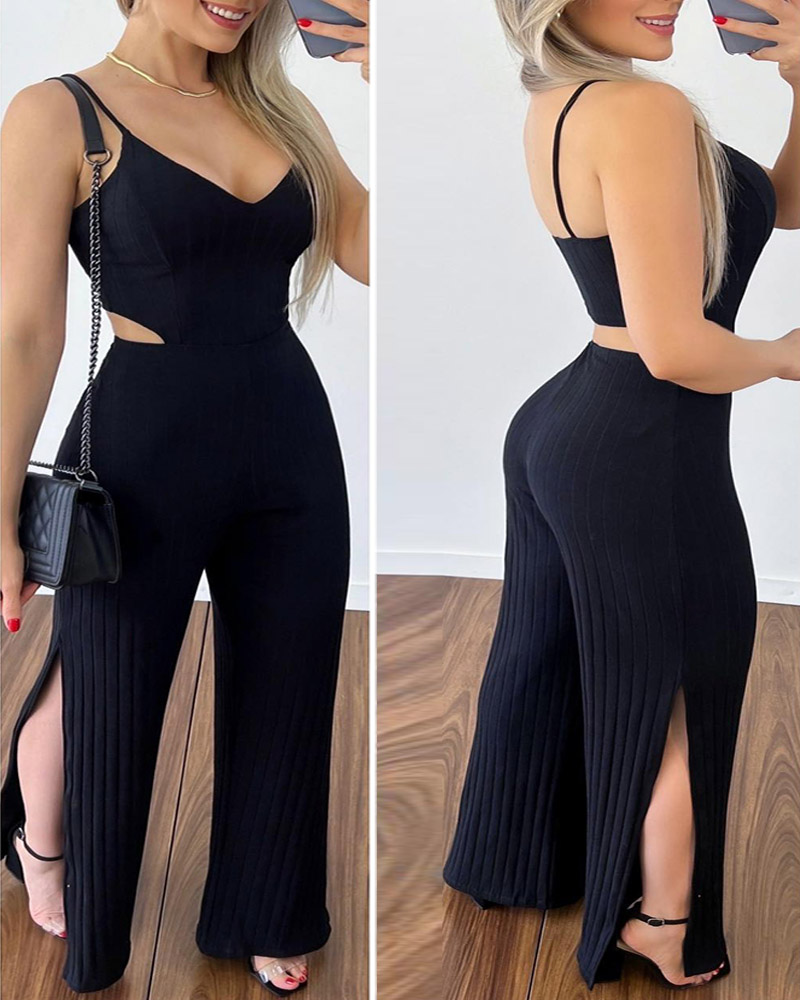 

Plain Sleeveless Cutout Slit Jumpsuit, Black