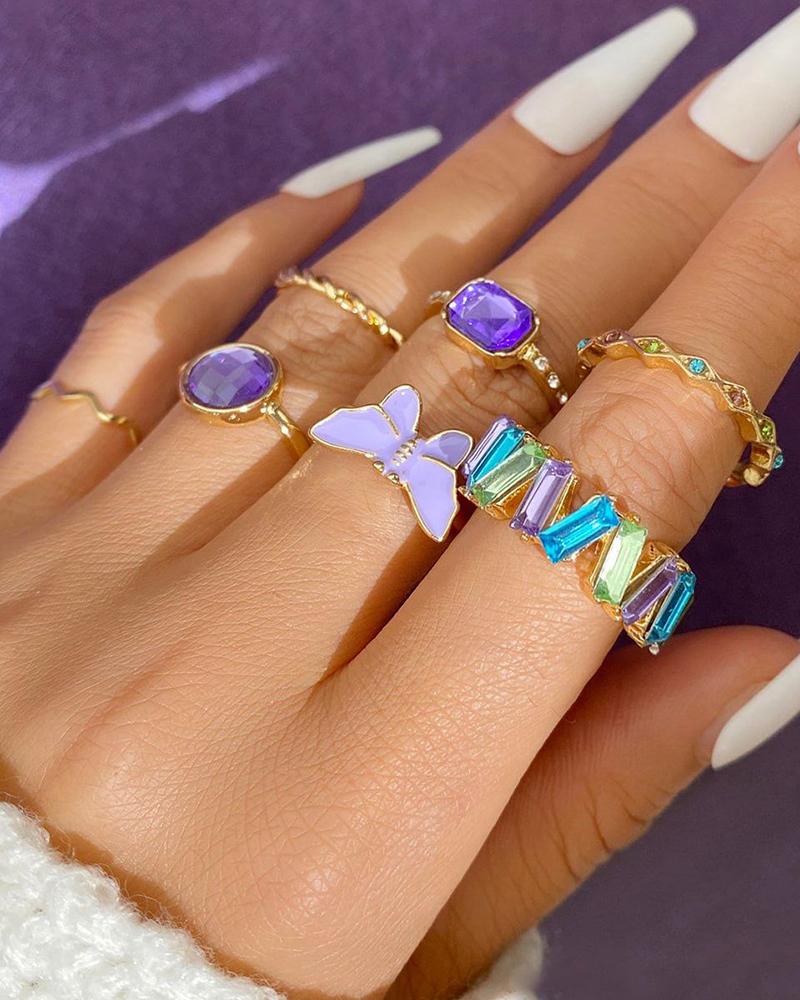 

7pcs Crystal Butterfly Geometric Rings Set, Purple