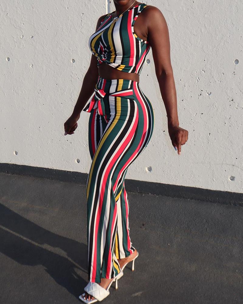 

Striped Print Sleeveless Top & High Waist Pants Set, Multicolor