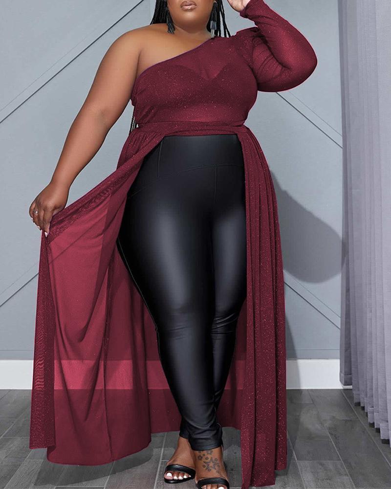 

Plus Size One Shoulder Sheer Mesh Longline Top, Wine red