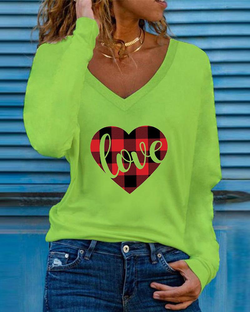 

Valentine' Day Long Sleeve Plaid Letter Heart Print Top, Green