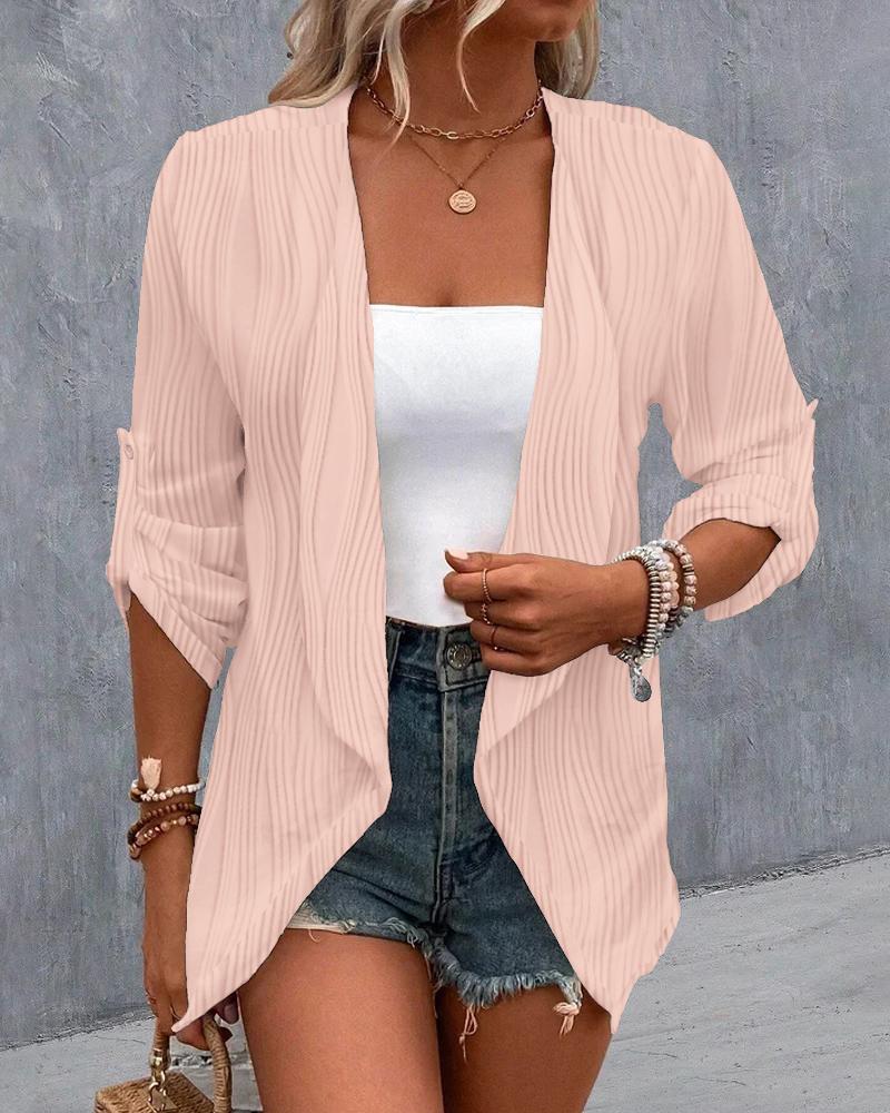 

Roll Up Sleeve Open Front Buttoned Textured Coat, Pink