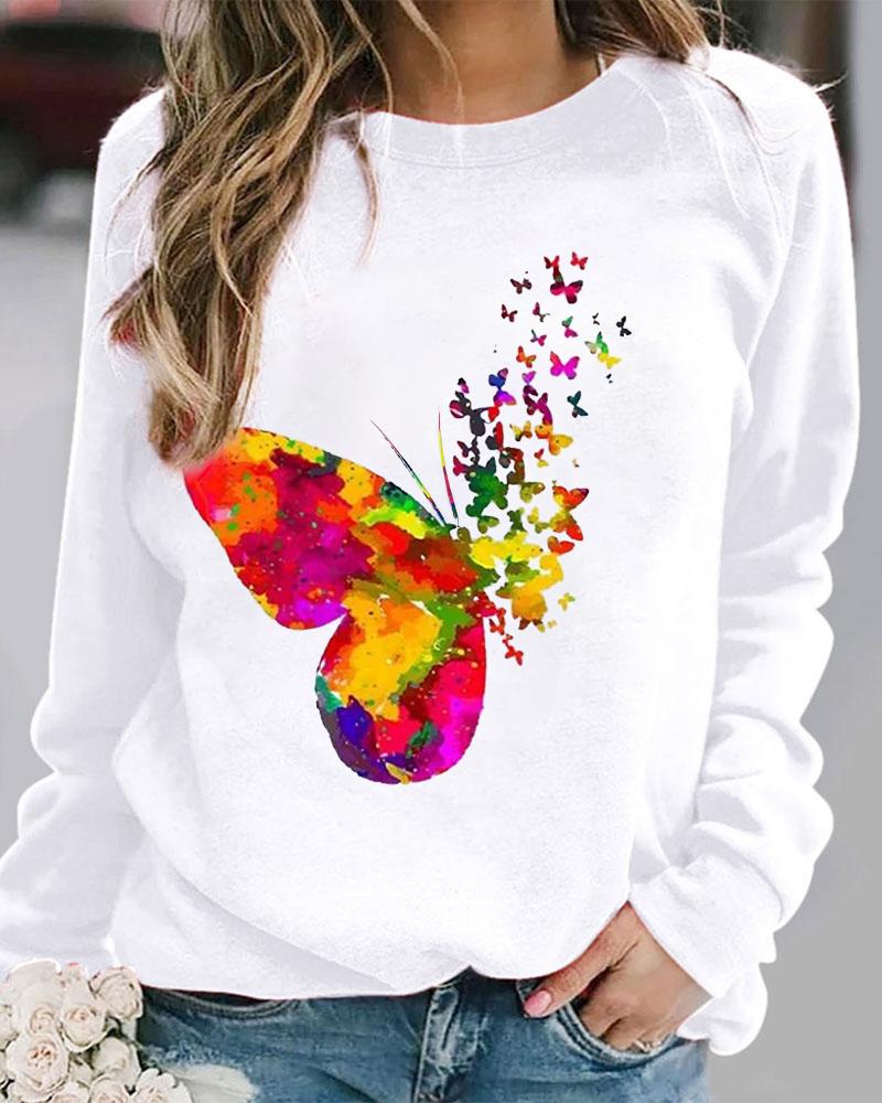 

Butterfly Print Long Sleeve Casual Top, White