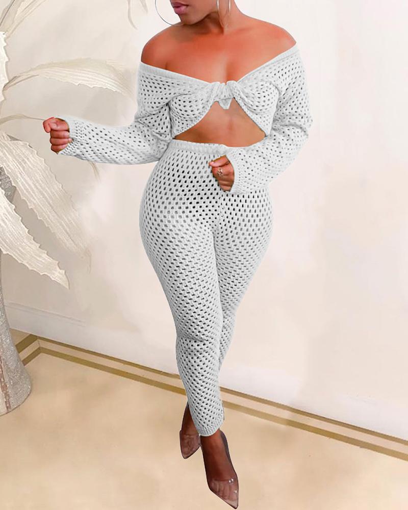 

Off Shoulder Hollow Out Crop Top & Pants Set, White