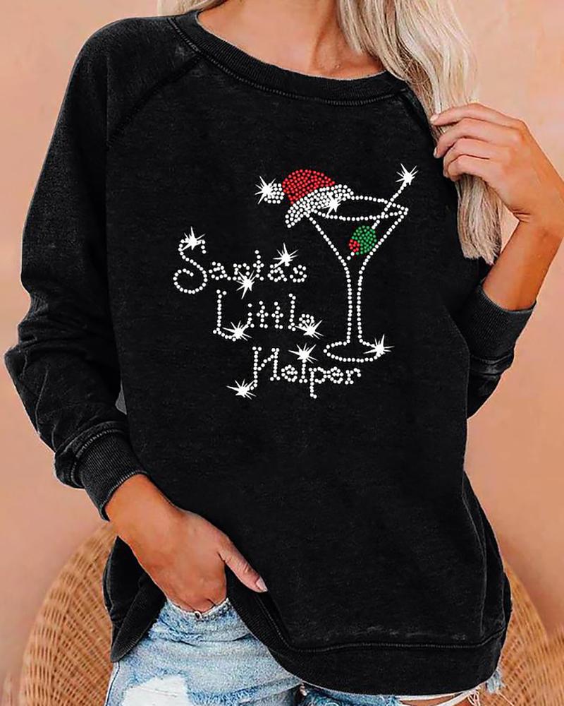

Christmas Letter Graphic Print Long Sleeve Top, Black