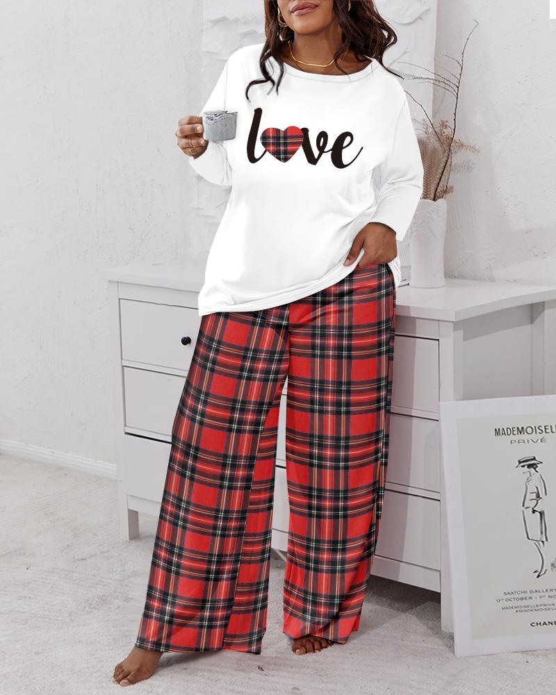 

Plus Size Love Heart Plaid Print Pajamas Set, White