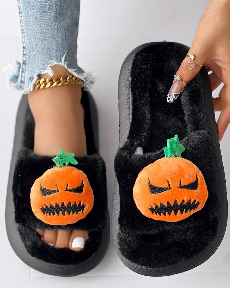 

Halloween Pumpkin Pattern Fuzzy Slippers, Black