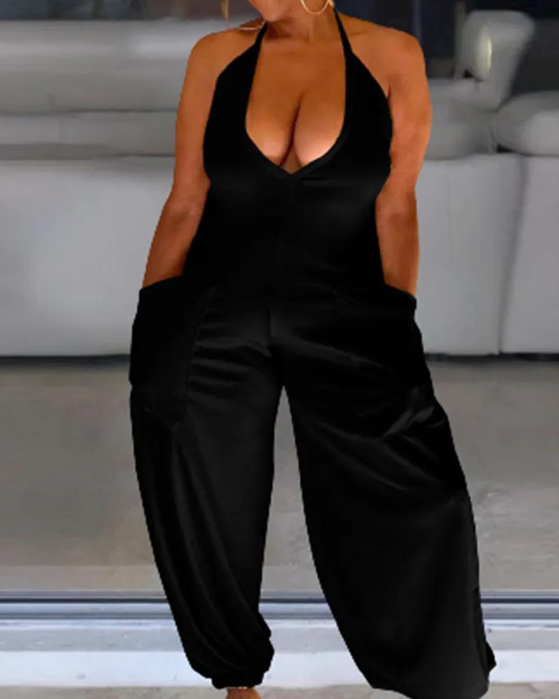 

Halter Backless Dual Pocket Jumpsuit, Black
