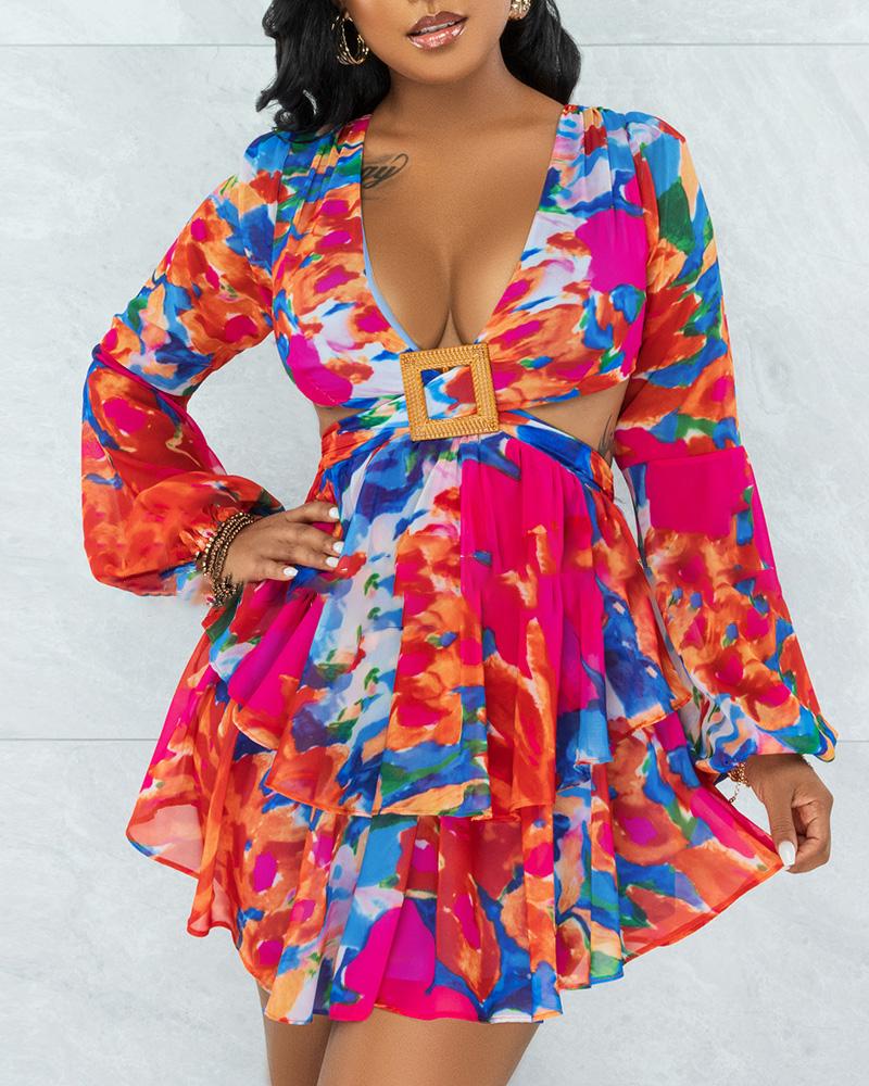 

Lace-up Backless Lantern Sleeve Floral Print Dress, Red