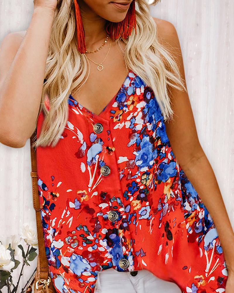 

Floral Print Spaghetti Strap Button Design Top, Red