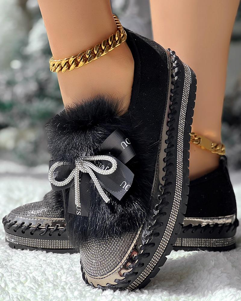 

Rhinestone Bowknot Decor Fuzzy Detail Slip-On Loafers, Black