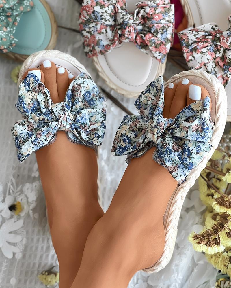 

Bowknot Decor Ditsy Floral Print Slippers, Blue