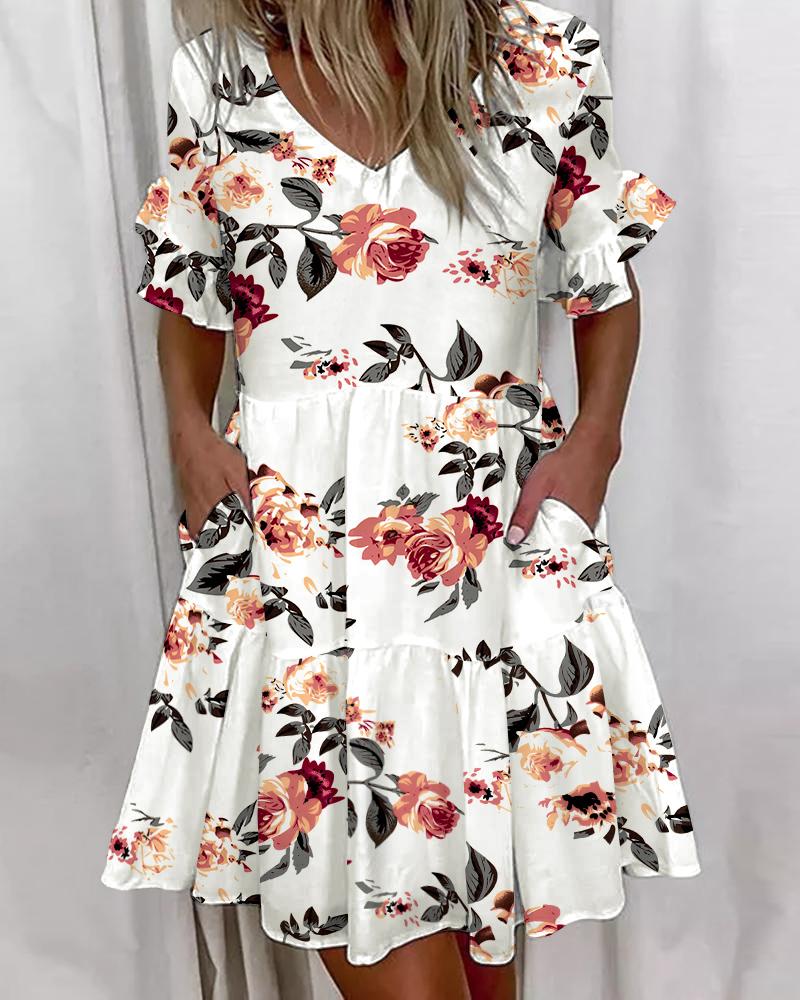 

Floral Print Ruffle Hem Casual Dress, White