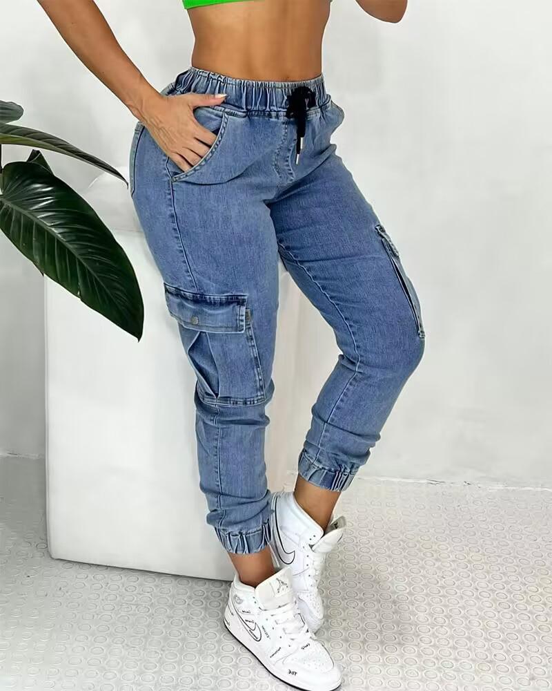 

Pocket Design Drawstring Cuffed Jeans, Blue
