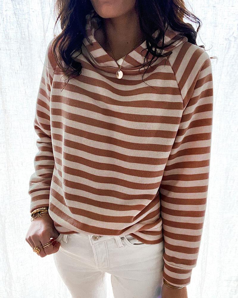 

Striped Print Raglan Sleeve Hoodie, Coffee