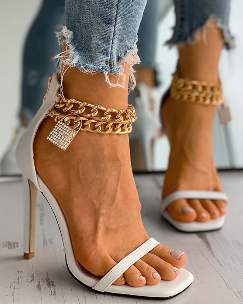 

Lock Pattern Studded Chain Strap Stiletto Heels, White