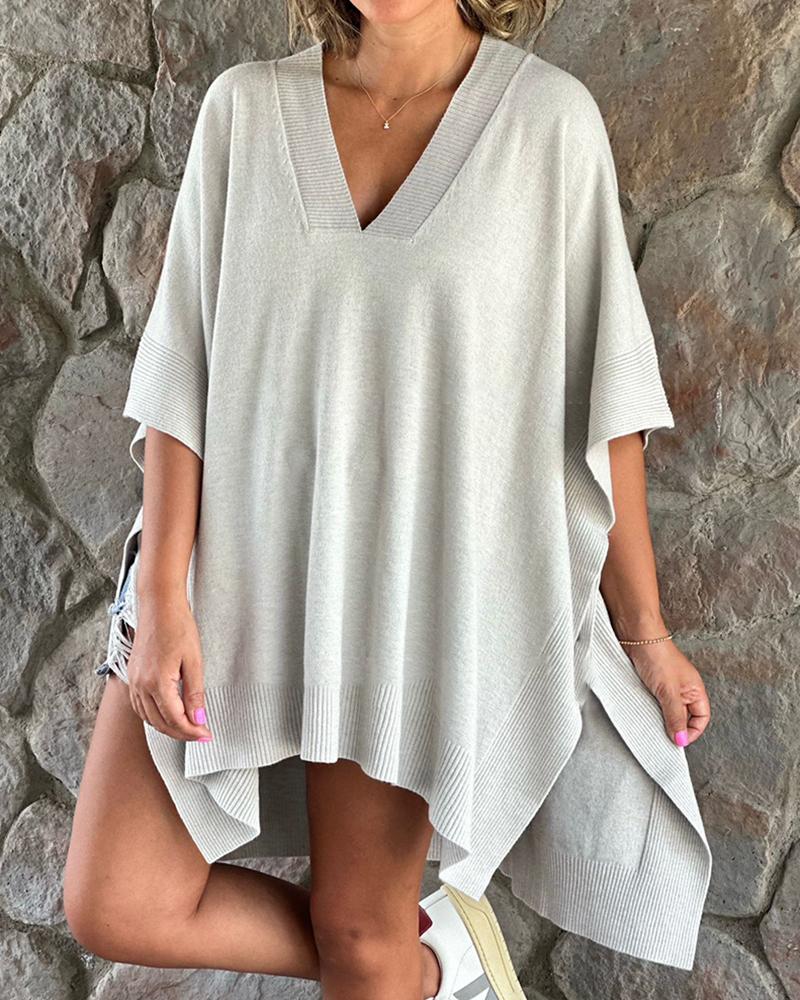 

Batwing Sleeve Slit Dip Hem Sweater, White